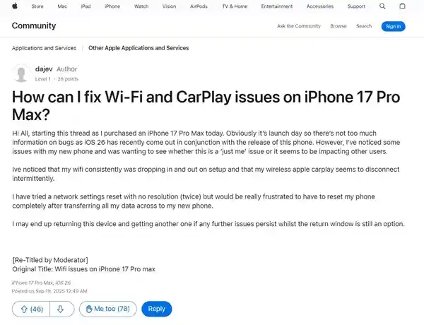 iPhone 17/iPhone Air遭用户投诉Wi-Fi频繁断连，体验大打折扣