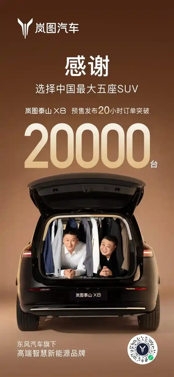 岚图泰山X8预售20小时狂揽2万单，五座新王引爆市场！
